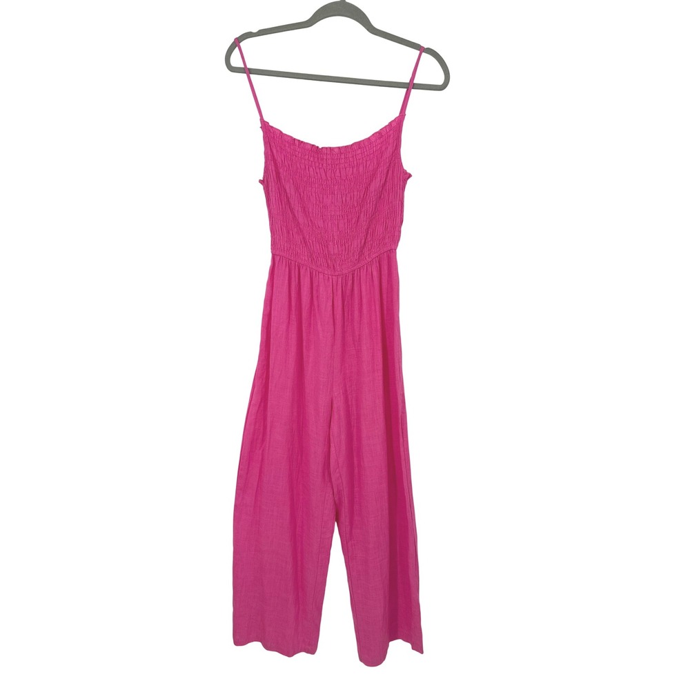 Anniewear Jumpsuit Women Medium Hot Pink Smocked Wide Leg Flax Blend Vacation